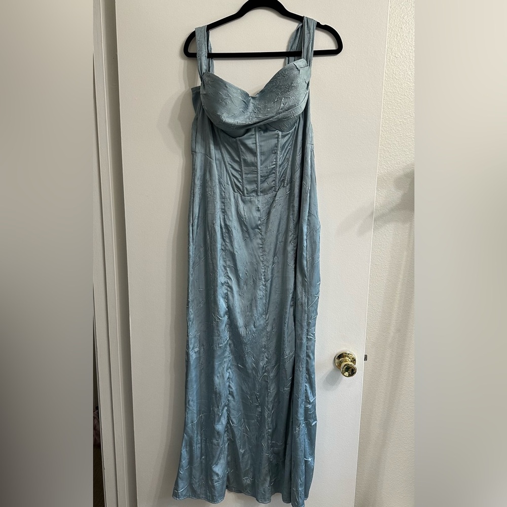 PrettyLittleThing Strapless Gown in Soft Blue